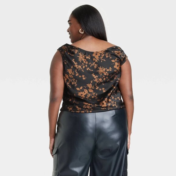 Medium - Womens Draped One Shoulder Tank Top - A New Day - Black Floral - Picture 6 of 6